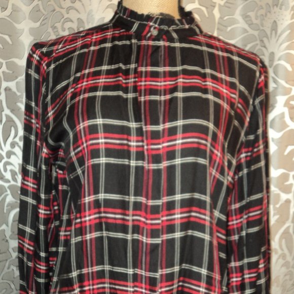 Festive Plaid Blouse with Ruffle Details - Picture 1 of 7